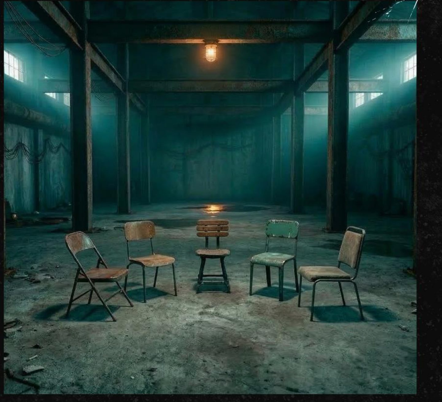 Five chairs arranged in a circle inside the abandoned warehouse